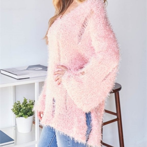 Comfy Oversized Fuzzy Pink Distressed Sweater - Picture 4 of 6